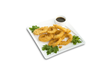 Fried Onion Rings with sauce and parsley on white plate 