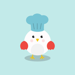 A Cute Chicken/Rooster hold a fork with chef hat cartoon character on blue background. Hen, cock,  turkey invitation card Flat design Vector illustration.