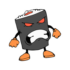 Color roll in cartoon style. A sketch of the character. Emotions of anger, rage. Sushi with rice, salmon, hands and feet. Vector isolated image. Icon. The Asian restaurant. Exclusive.