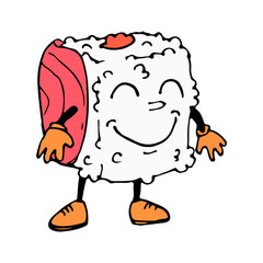 Color roll in cartoon style. A sketch of the character. Emotions of joy and happiness. Sushi with rice, salmon, hands and feet. Vector isolated image. Icon. The Asian restaurant. Exclusive.