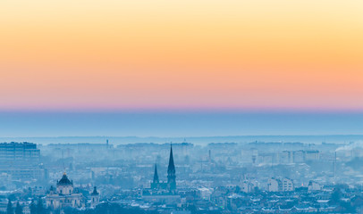 Lviv city scape during the sunset - obrazy, fototapety, plakaty