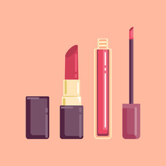 Glossy Rouge and red, pink color lipsticks, fashion concept, Vector illustration.