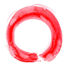 Round bright red brush stroke painted in watercolor on clean white background