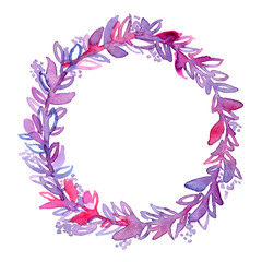Round pink and purple wreath with leaves and berries painted in watercolor on clean white background