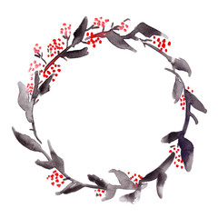 Round black wreath with leaves and red berries painted in watercolor on clean white background