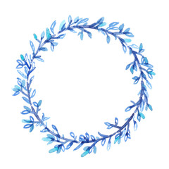 Round blue wreath with leaves and branches painted in watercolor on clean white background