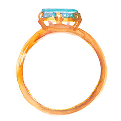 Single gold ring with big gemstone painted in watercolor on clean white background