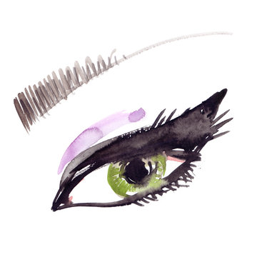 Beautiful woman's eye and an eyebrow painted in watercolor on clean white background
