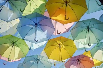 Fototapeta na wymiar Beautiful colorful umbrellas decorative wall