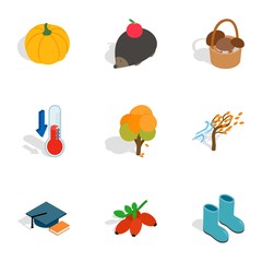 Symbols of autumn icons, isometric 3d style