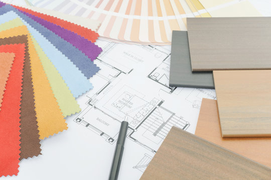 Interia designer's working table with sample of material