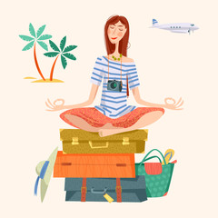 Young woman sits on a stack of suitcases in a yoga lotus pose and meditates. Travel concept.