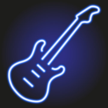 guitar blue neon glowing on dark background of vector illustration