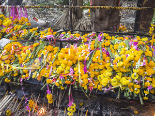 Background of Marigold garlands for worship at the temple