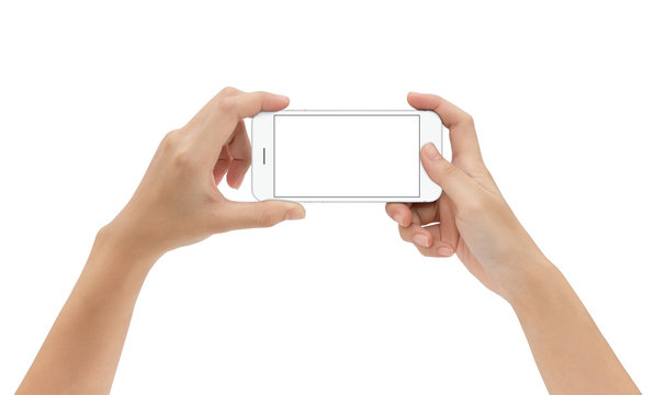 hand holding mock up phone mobile isolated on white background