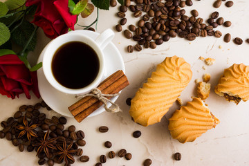 Biscuit sandwich with caramelized milk on a marble table. Tasty dessert.