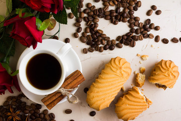 Biscuit sandwich with caramelized milk on a marble table. Tasty dessert.