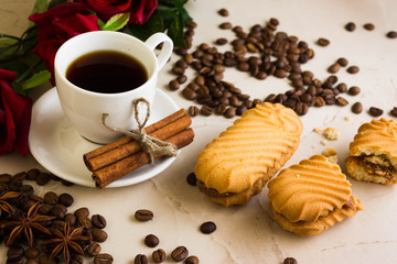 Biscuit sandwich with caramelized milk on a marble table. Tasty dessert.