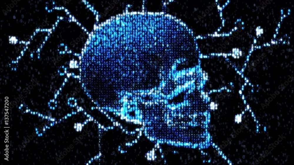 Poster danger in the internet. malicious code hacker. skull