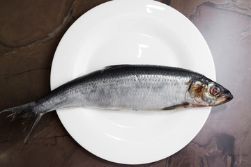 Herring on a marble table and ingredients. Tasty dish.