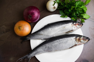 Herring on a marble table and ingredients. Tasty dish.