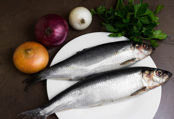 Herring on a marble table and ingredients. Tasty dish.