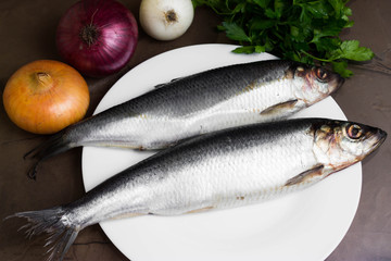 Herring on a marble table and ingredients. Tasty dish.