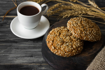 Cookies on a rustic background. A delicious and healthy breakfast.