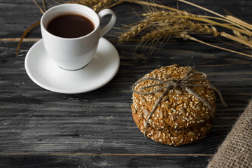 Cookies on a rustic background. A delicious and healthy breakfast.