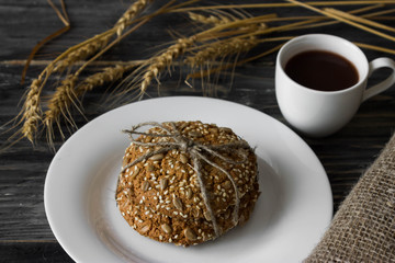 Cookies on a rustic background. A delicious and healthy breakfast.