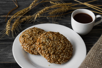 Cookies on a rustic background. A delicious and healthy breakfast.