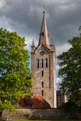 Fototapeta na wymiar Medieval church of Saint John in Cesis, Latvia. Greenery and summer daytime,