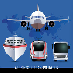 All kinds of travel transport. Plane, bus, train and cruise liner. One style set.