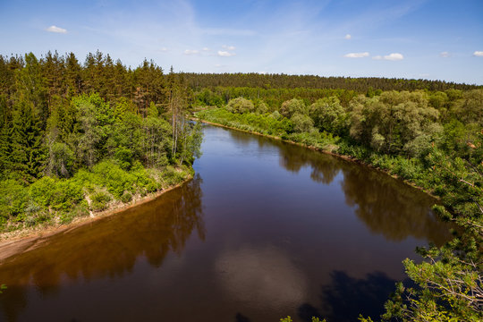 Panoramic view of river Gauja turn from path on the hill. Gauja National park, Latvia.