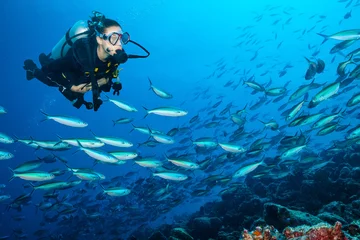 Fotobehang Woman scuba diver exploring sea bottom © Jag_cz