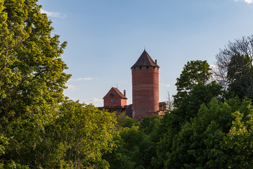 Ruins of medieval Turaida castle with towers in Latvia. Summer daytime.