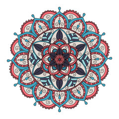 Ornament color card with floral mandala. Ethnic decorative elements. Hand drawn background. Vector print for t-shirt.