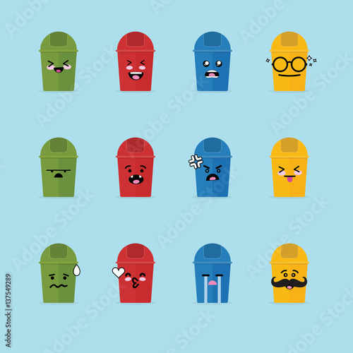 "Smile emoji emoticon face in trash can with a lot of variation" Stock