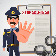 Police officer holds up hand in stop gesture. character design - vector