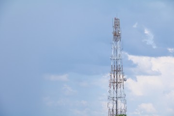 Telecommunication tower with antennas communication, telecom radio  telephone mobile phone on sky background