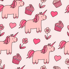 Vector seamless pattern with cute unicorns, cupcakes, frowers and hearts. Magic background for little girl.