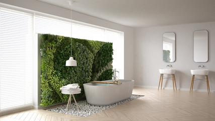 Scandinavian bathroom with vertical garden, white minimalistic interior design