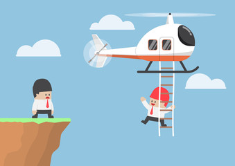 Businessman across the cliff by helicopter