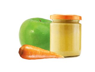 Jar with fruit and vegetables baby food isolated on white