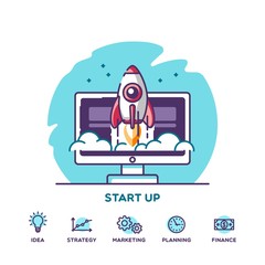 Start up. Concept for new business project, launching product or service with symbols. Vector illustration.