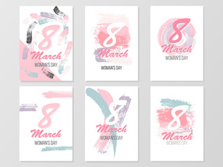 Set of six greeting cards for international womens day. Eight march. Usable for prints. Vector design. Hand drawn elements.