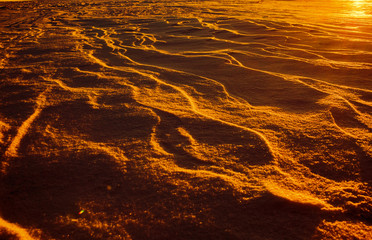 Martian sunset (Mars planet) red landscape. Looks like cold desert on Mars. A huge field of ice