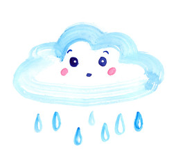 Surprised cartoon cloud with raindrops painted in watercolor on clean white background