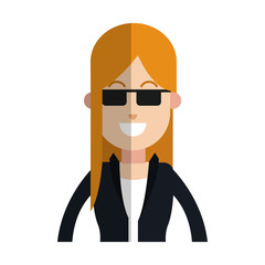 happy woman with sunglasses and jacket over white background. colorful design. vector illustration