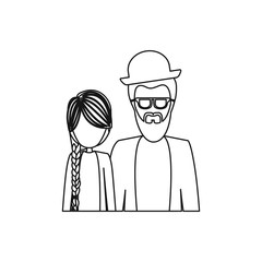 monochrome contour half body with dad with beard and glasses and daughter with braided hair vector illustration